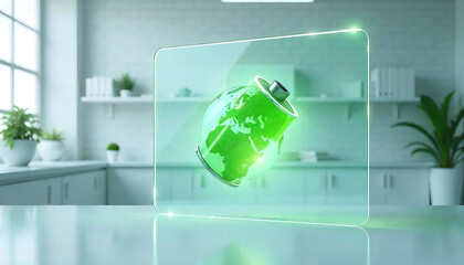 Wall Mural - 3d battery eco energy with green leaf icon. Render 3d battery icon for eco-friendly, green, clean, environmental alternative energy concept. 3d rendering, created with generative ai