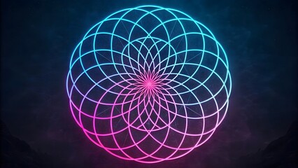 Aufkleber - A vibrant cosmic mandala radiating ethereal energy and mystical harmony with a dark, textured background and neon pink and blue glow.