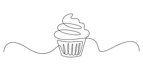 Poster - Cupcake with cherry drawn in one continuous line in color. Single line drawing, minimalism. Doodle graphic art vector illustration