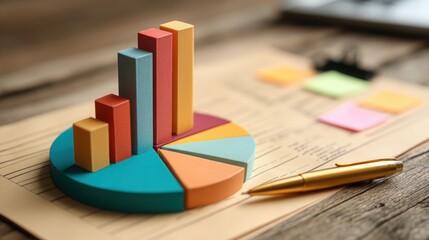 Poster - Creative workspace featuring a pen and paper pie chart surrounded by colorful sticky notes for project planning