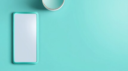Poster - Stylish mirror and cup on a blue background representing minimalist mobile app planning and user-centric design