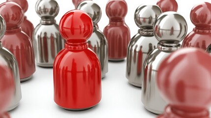 Poster - Red person surrounded by a group of silver people illustrating solo connectivity and network concept in realism