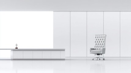 Poster - A modern office featuring a sleek white chair positioned backward against a bright white wall for a fresh perspective