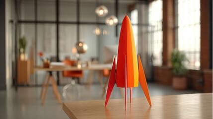 Poster - Unique red and orange cone sculpture displayed on a table representing modern art and creative interior design