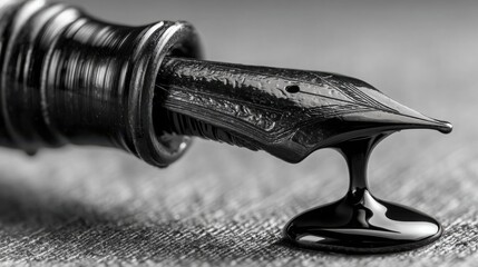 Poster - Elegant fountain pen with a single drop of ink on white paper representing the origin of creative ideas