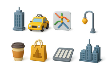 3D icon set of city tourism: skyscraper, taxi, subway map, streetlight, coffee cup, souvenir bag, crosswalk, urban skyline. 3d icon. Isolated