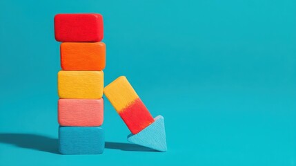 Poster - Stacked wooden blocks forming a downward arrow representing decline in business performance and economic trends