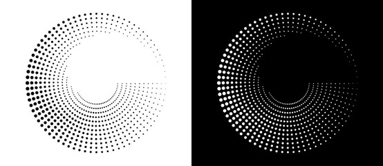 Fototapete - Modern abstract background. Halftone dots in circle form. Round logo. Vector dotted frame. Design element or icon. Black shape on a white background and the same white shape on the black side.