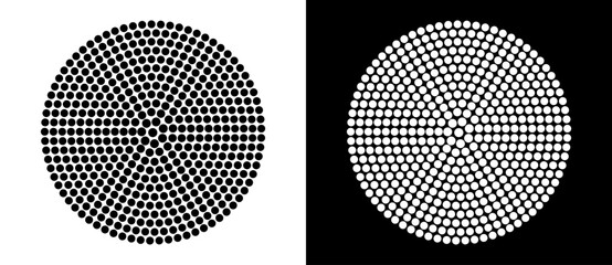 Fototapete - Modern abstract background. Halftone dots in circle form. Round logo. Vector dotted frame. Design element or icon. Black shape on a white background and the same white shape on the black side.