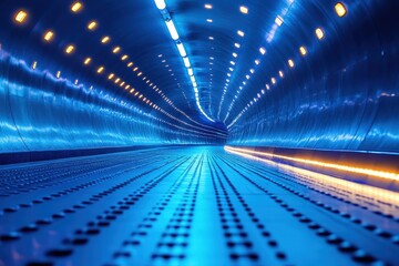 Poster - Futuristic blue tunnel illuminated by LED lights in a city at night