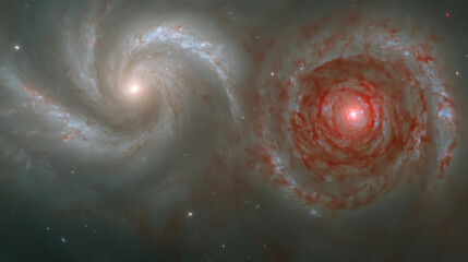 Poster - Galactic Collision Two spiral galaxies intertwine illuminated with vibrant celestial colors and stellar light