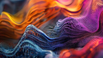 Poster - This artwork showcases intricate wave patterns in vivid colors, blending blues, purples, and oranges. The flowing lines create a sense of movement and depth