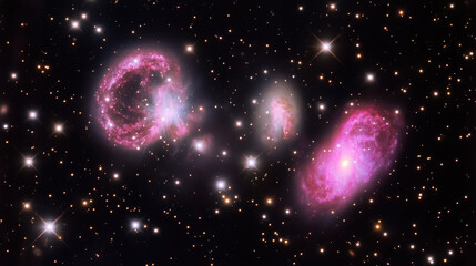 Poster - Cosmic ballet Three galaxies intertwine amidst field of stars displaying gravitational interactions