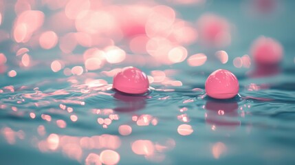 Poster - Delicate pink spheres drift across the surface of calm water, reflecting shimmering light from the golden hour, creating a peaceful atmosphere