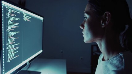 Aufkleber - Young female software engineer concentrating on complex code displayed on her computer screen in a dimly lit room, demonstrating the dedication and focus required in software development
