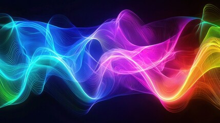 Fototapete - Flowing colorful waves intertwine in a mesmerizing display of light and color against a dark backdrop, creating a dynamic and captivating abstract artwork
