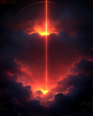 Wall Mural - A bright glowing light beam emitting through dark fluffy clouds