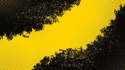 Poster - Yellow grunge background with black stains curved pattern with halftone dots.