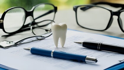 Wall Mural - a miniature tooth model rests on a document alongside eyeglasses and pens, suggesting a dental insurance claim or healthcare assessment.