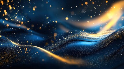Poster - Golden particles glimmer across flowing blue waves, creating a mesmerizing and ethereal atmosphere. The composition suggests depth and movement, inviting a sense of wonder