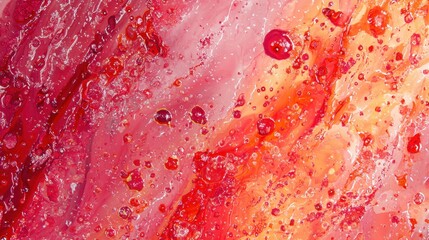 Poster - This vibrant work showcases an explosion of red and orange colors blending together, forming textures and patterns, illuminated by glimmering bubbles that add depth and interest