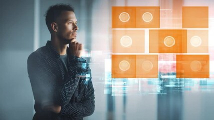 Poster - Digital Reflection: A focused individual contemplates an array of digital interface elements, illustrating a blend of technology, thought, and innovation.