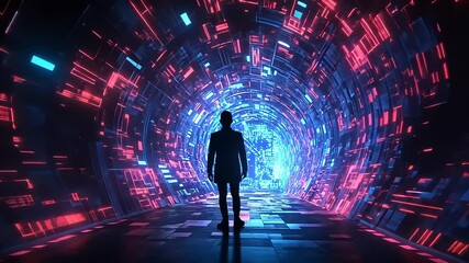Wall Mural - Abstract Digital Tunnel with Futuristic Lighting and Silhouette