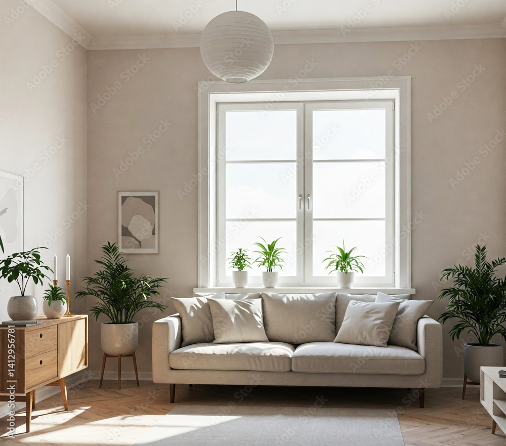 Scandinavian living room interior with wooden furniture and green ...