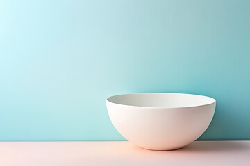 Poster - A simplistic view of a white ceramic bowl against a pastel blue and pink background studio shot