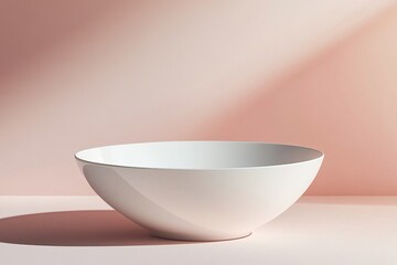 Poster - A simple white bowl with a silver rim on a pink background casting a soft shadow on the surface