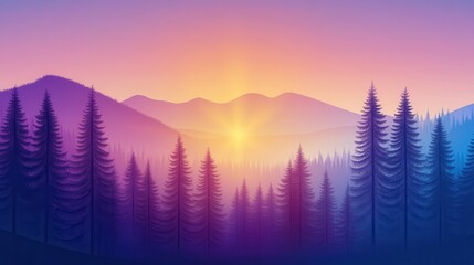 Wall Mural - serene sunrise over misty mountains with silhouetted pine trees in tranquil landscape