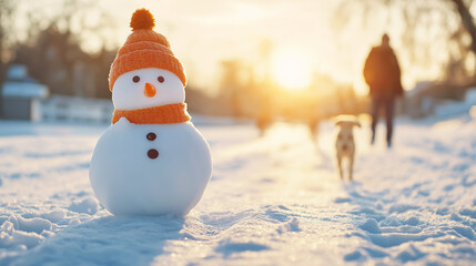 Wall Mural - small snowman with orange hat and scarf melting in the sun during a winter sunset, blurred dog walke