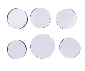 Fototapete - Set of transparent glass discs on a transparent background. Purple shade of circles. 3D render. High-resolution PNG with circular elements.