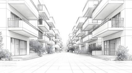 Poster - Minimalist line drawing of an urban street with stacked buildings and balconies