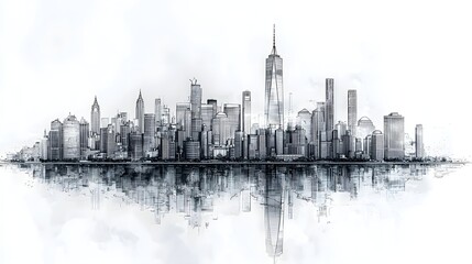 Poster - Minimalist outline of a bustling cityscape with iconic landmarks