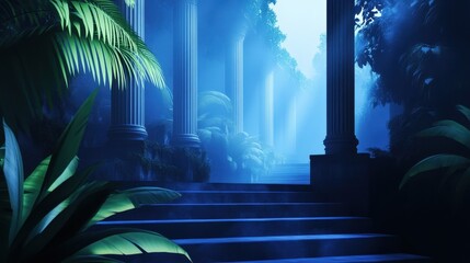 Wall Mural - serene misty steps leading to ancient columns in a lush, mysterious jungle setting