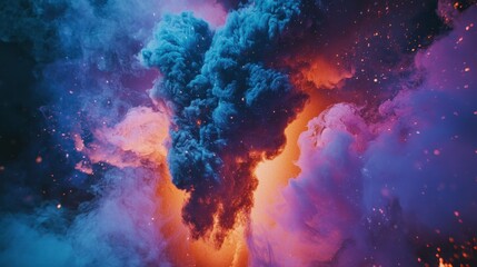 Fototapete - Swirling clouds of smoke in shades of blue, orange, and purple merge and dance in the air, creating a mesmerizing visual display that captivates the viewer's attention