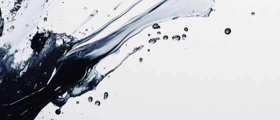 Poster - Dynamic water splash with dark ink on white background creating abstract liquid art and fluid motion Concept of purity, contrast, and artistic expression