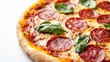 © Ксения Омельченко - A classic pepperoni pizza topped with fresh arugula, placed on a wooden board, offering a delightful and savory meal.