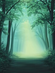 Wall Mural - serene forest path illuminated by soft light, surrounded by lush greenery and tranquil atmosphere