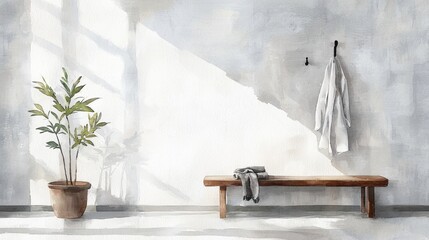Poster - A white wall with a plant in a pot and a bench