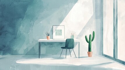 Poster - A painting of a room with a desk, chair, and a potted plant