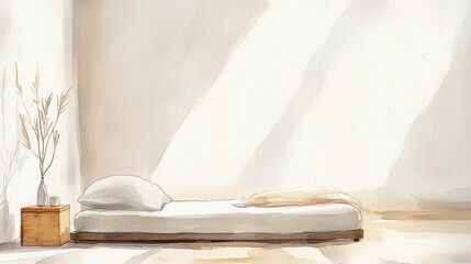 Poster - a white bed with a pillow and a vase of flowers on a table