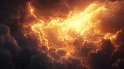 Wall Mural - Dramatic Storm Clouds Breaking with Golden Sunbeams, Epic Atmospheric Sky Scene with Lightning Strikes, Powerful Nature Contrast Between Darkness and Light, Awe-Inspiring Weather Phenomenon