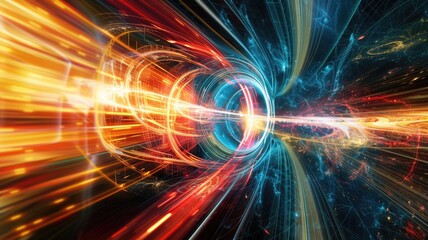 Poster - This abstract image depicts a quantum accelerator concept with vibrant light effects, illustrating energy flow and dynamic motion within a futuristic landscape.
