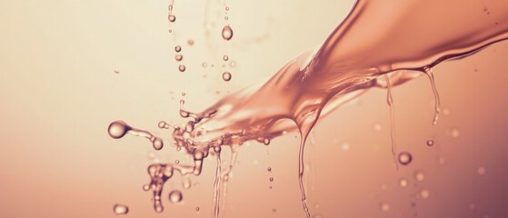Poster - Abstract closeup of splashing liquid with droplets in warm rose gold color, creating dynamic movement and texture for cosmetic or beverage concept