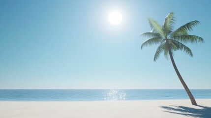 palm tree, sandy beach, bright sun, ocean.