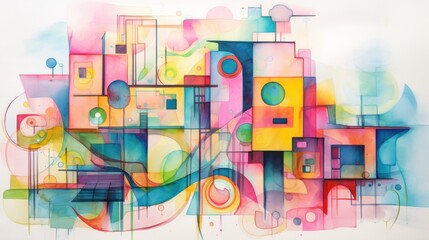 Poster - This piece features an array of geometric shapes and bright colors, creating a lively and dynamic composition. Soft curves and lines intertwine among the forms, inviting exploration