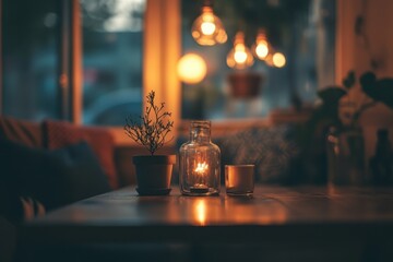 Poster - Cozy candlelit atmosphere in a warm room with glass jar and potted plant