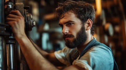 Poster - Skilled craftsman operates machinery in busy workshop during late afternoon hours